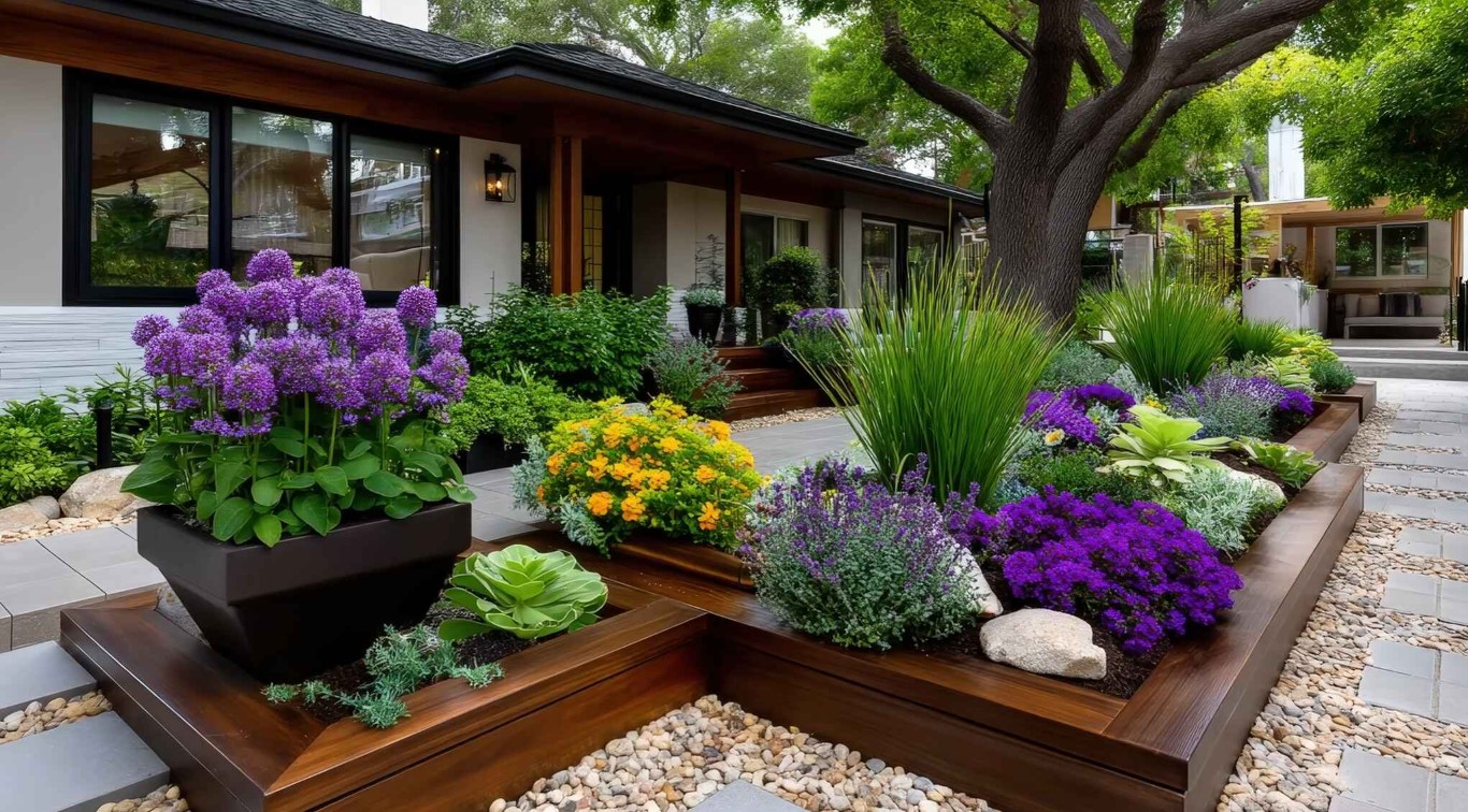Modern landscape design with raised planters and colorful flowers in Fontainebleau, FL